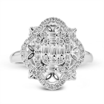 a white gold ring with an oval cut diamond surrounded by smaller round diamonds