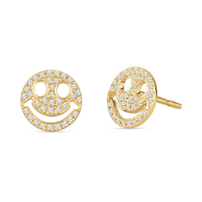 a pair of earrings with smiley faces and diamonds
