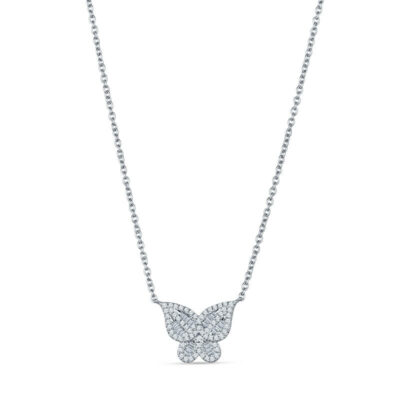 a diamond butterfly necklace on a chain