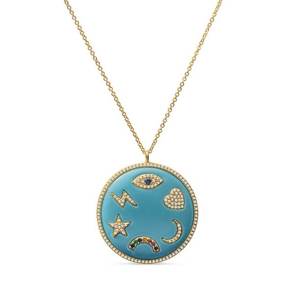 a blue necklace with stars and moon on it