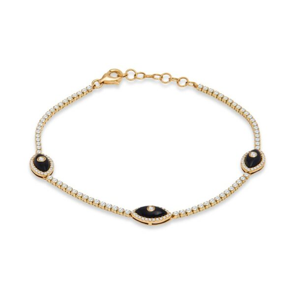 a gold bracelet with black and white stones