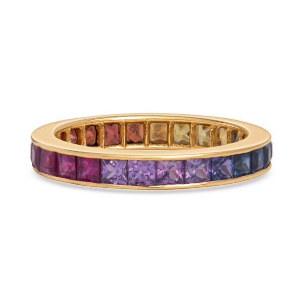 a yellow gold ring with multicolored stones