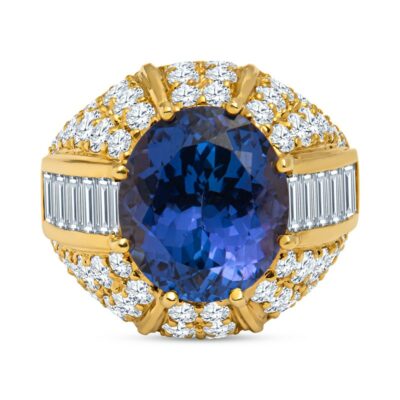 an oval blue sapphire surrounded by white diamonds