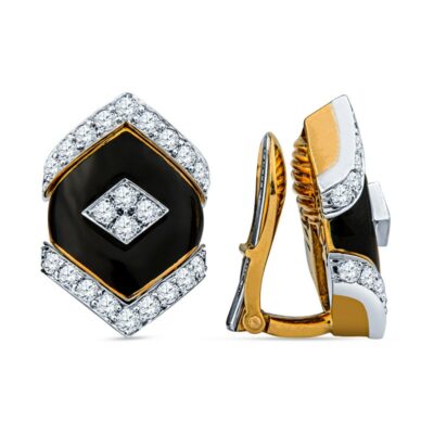 a pair of black and white diamond earrings