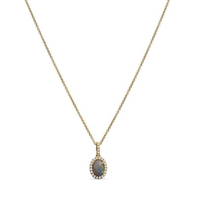 a gold necklace with an opal and diamond pendant