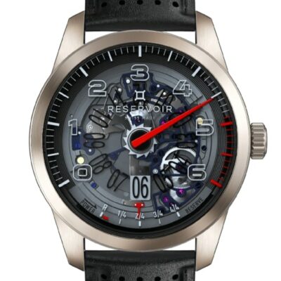 a watch with black leather straps and a red second hand