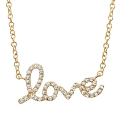 a gold necklace with the word love written on it