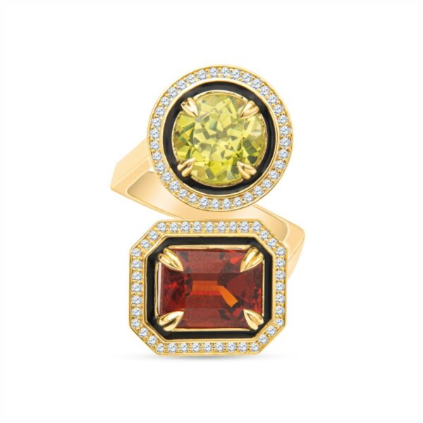 a yellow and orange ring with diamonds