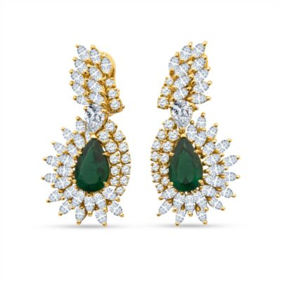 a pair of earrings with emerald and diamonds