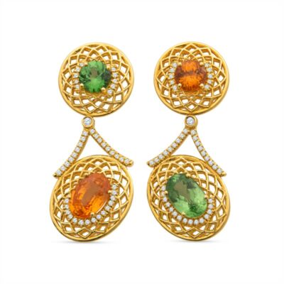 two yellow gold earrings with green and orange stones
