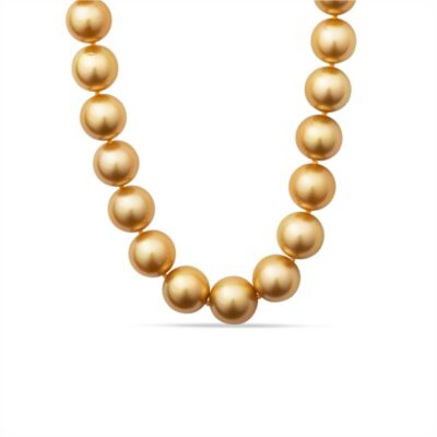 a golden necklace with pearls on a white background