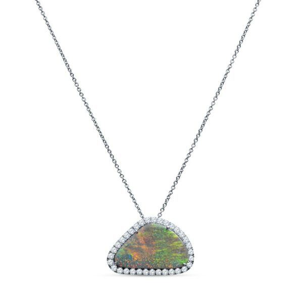 an opal and diamond pendant on a chain