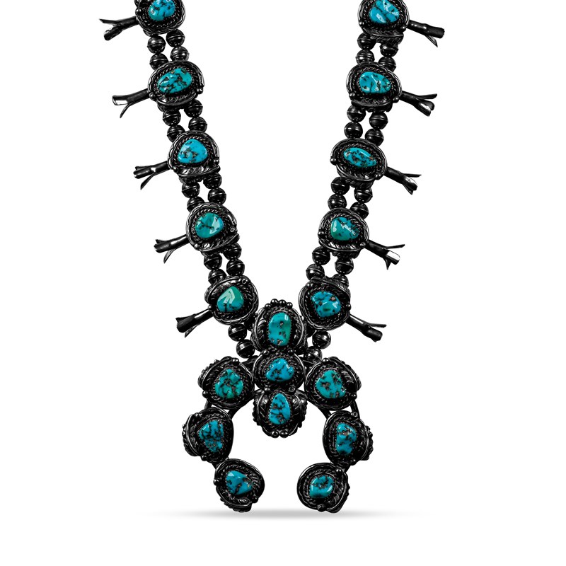 Vintage 1960's Old Turquoise Cluster Squash Blossom Necklace