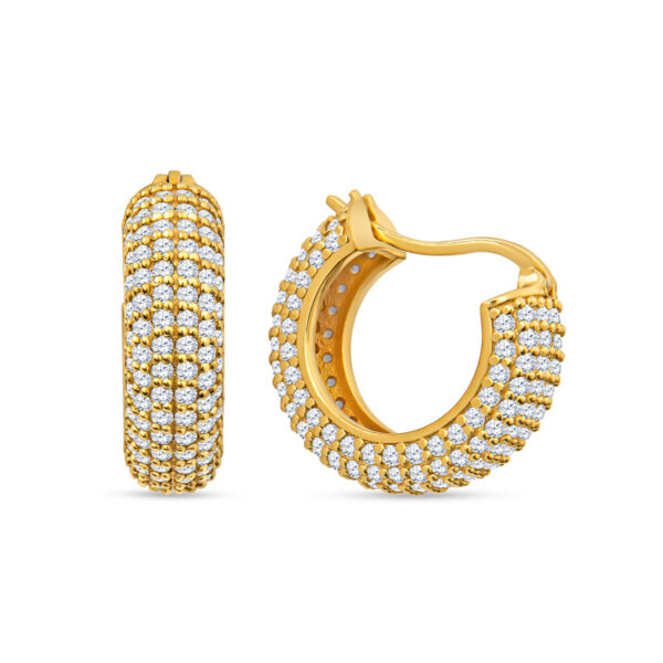 a pair of gold hoop earrings with white stones