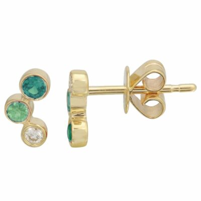 a pair of gold earrings with green and white stones
