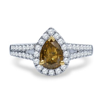 a pear shaped diamond ring with two rows of diamonds around it