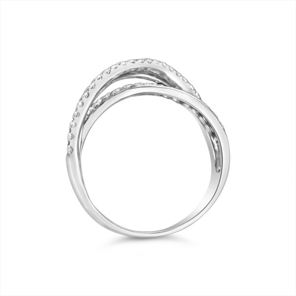 a white gold ring with three rows of diamonds