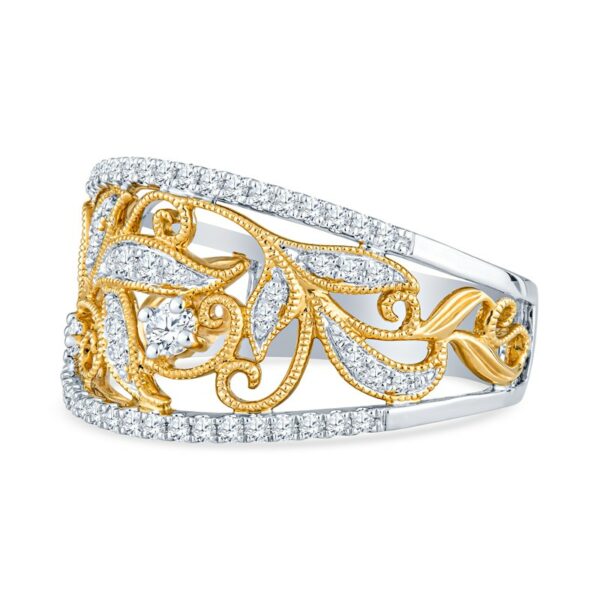 a yellow and white gold ring with diamonds