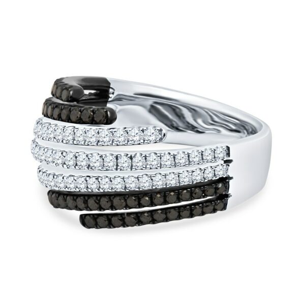 a white gold ring with black and white diamonds