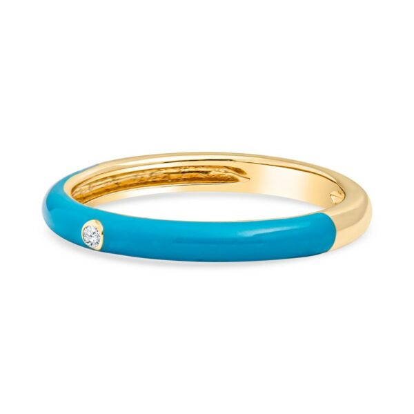 a yellow and blue ring with a diamond in the middle