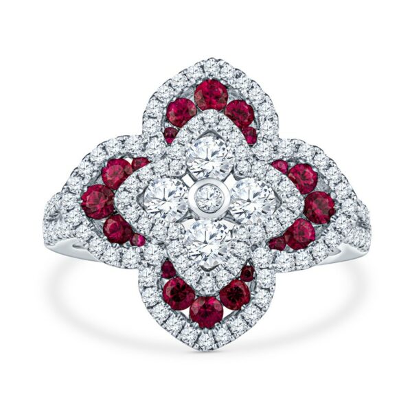 a white gold ring with red and white diamonds
