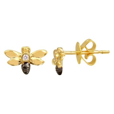 a pair of earrings with a bee on it