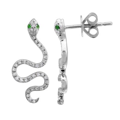 a pair of earrings with diamonds and green stones