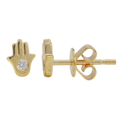 a pair of gold earrings with a hand and a diamond