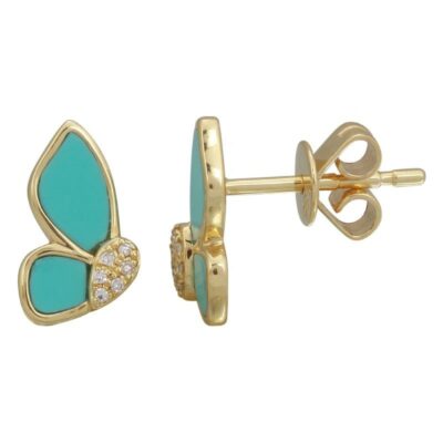 a pair of gold and turquoise butterfly earrings