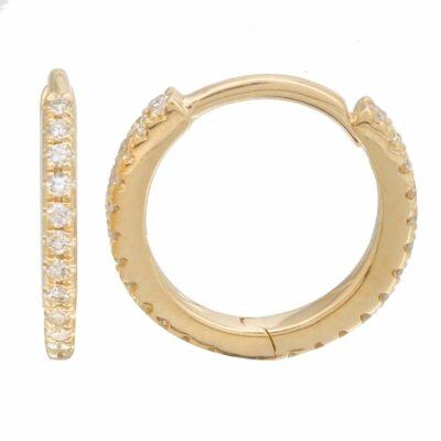 a pair of gold hoop earrings with small diamonds