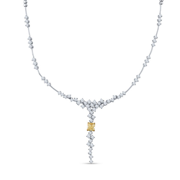 a necklace with two yellow and white diamonds