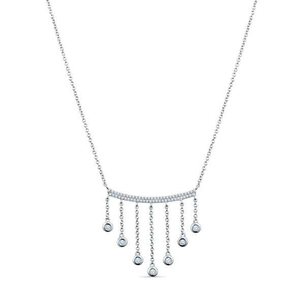 a silver necklace with five drops hanging from it