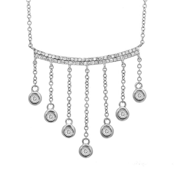 a silver necklace with diamonds hanging from it