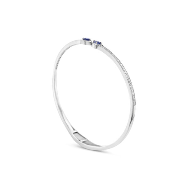 a white gold ring with two blue sapphire stones