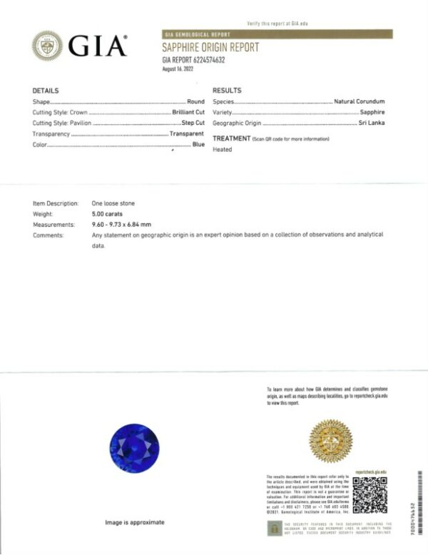 a certificate for a blue sapphire