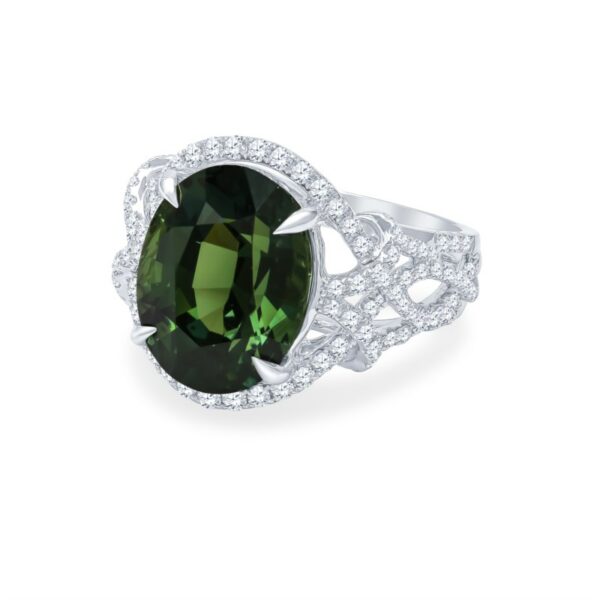 an oval green tourmaline surrounded by diamonds
