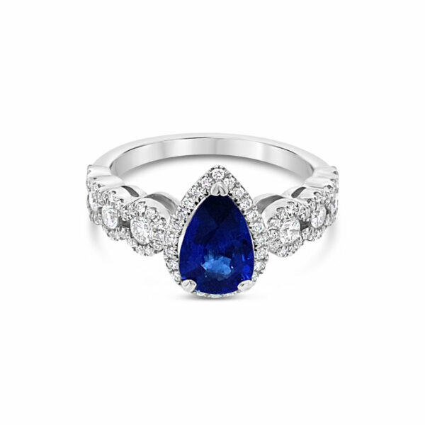 a pear shaped blue sapphire and diamond ring