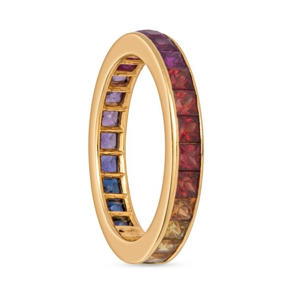 a yellow gold ring with multicolored stones