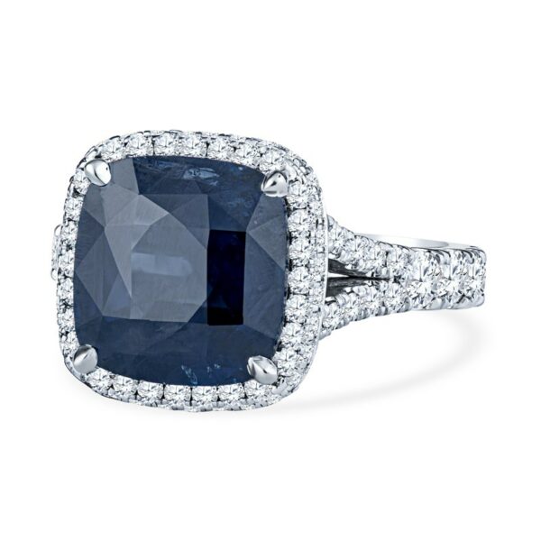 a cushion cut blue sapphire and diamond ring