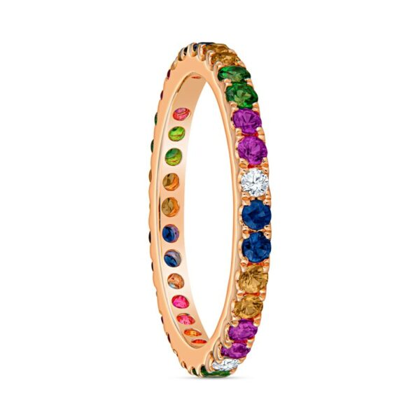 a rose gold ring with multicolored stones