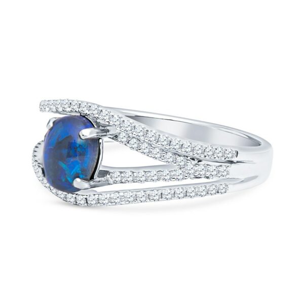 a ring with a blue opal surrounded by diamonds
