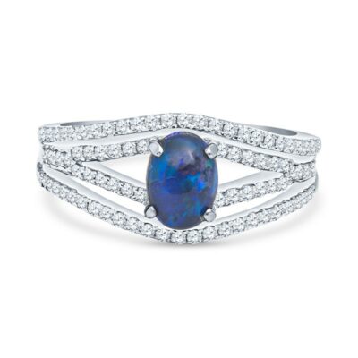 a ring with an oval blue opal surrounded by diamonds