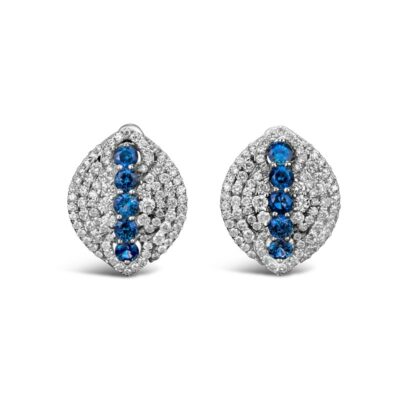 a pair of blue and white diamond earrings