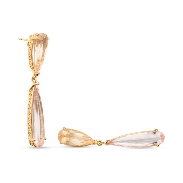 a pair of gold earrings with white and pink stones