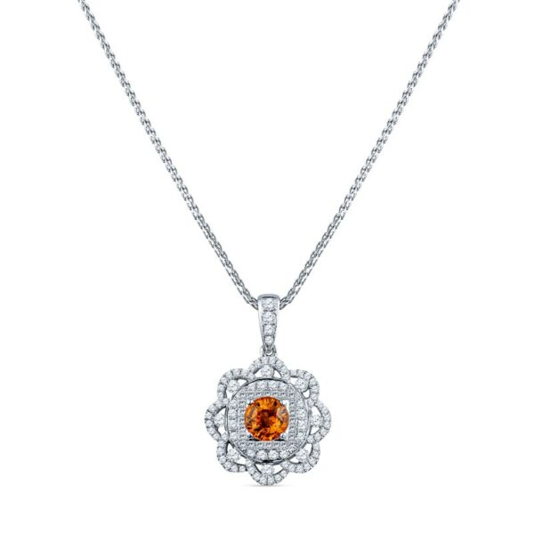 an orange and white diamond pendant on a chain