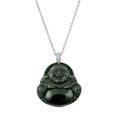 a green buddha necklace with a silver chain