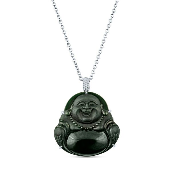 a green buddha necklace with a silver chain