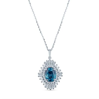 a blue and white diamond pendant on a chain