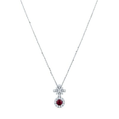 a red and white diamond necklace on a chain