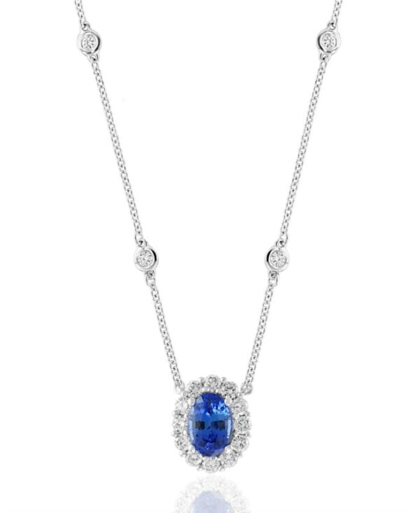 a blue and white necklace with diamonds